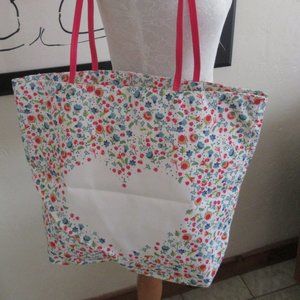 Flowered heart canvas tote shopping beach bag - large size